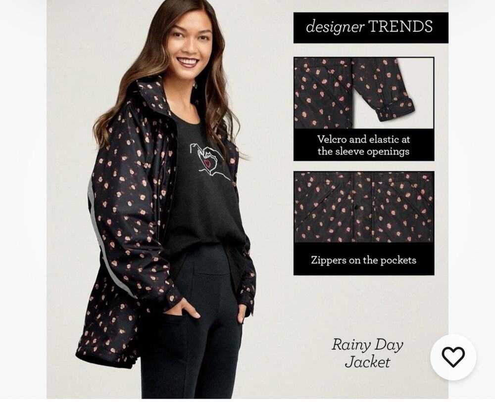 Cabi Jacket Womens XS Black Floral Rainy Day Hooded Coat Reflective Zip Pockets